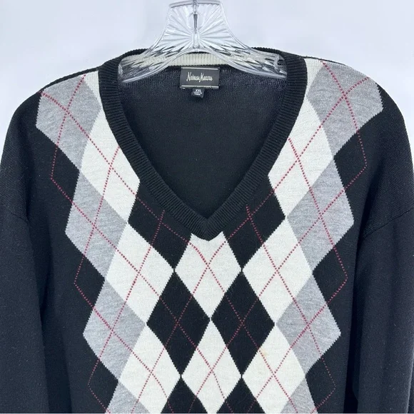 Neiman Marcus V-neck Argyle Wool Blend Sweater Black Gray Size XXL - Picture 2 of 6